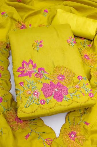 Yellow silk blend embroidered salwar kameez