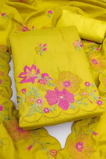 Yellow silk blend embroidered salwar kameez
