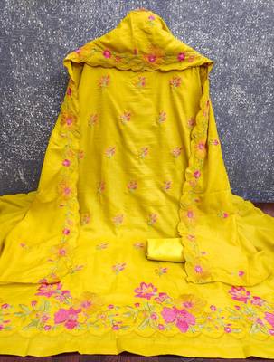Yellow silk blend embroidered salwar kameez 2