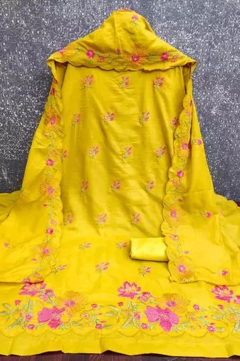 Yellow silk blend embroidered salwar kameez