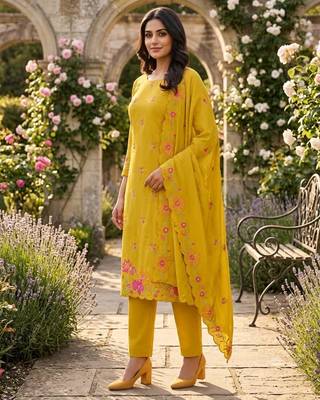 Yellow silk blend embroidered salwar kameez 3