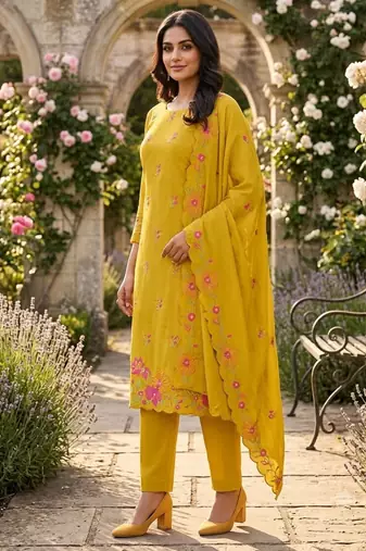 Yellow silk blend embroidered salwar kameez