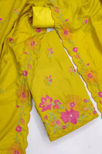 Yellow silk blend embroidered salwar kameez