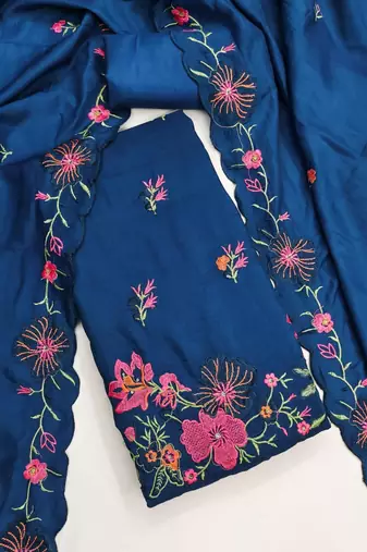 Blue silk blend embroidered salwar kameez