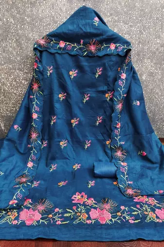 Blue silk blend embroidered salwar kameez