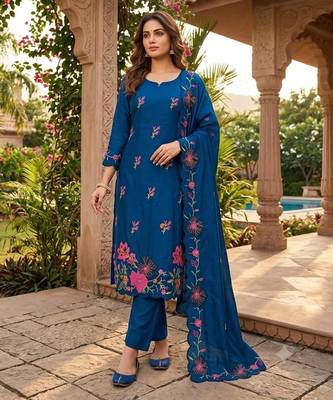 Blue silk blend embroidered salwar kameez 1