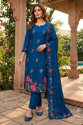 Blue silk blend embroidered salwar kameez