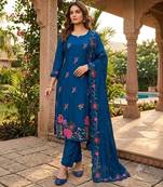 Blue silk blend embroidered salwar kameez