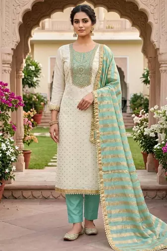 Off white silk blend embroidered salwar kameez