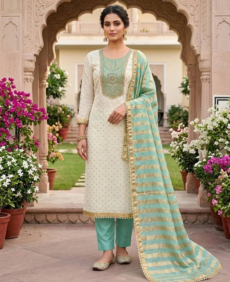 Off white silk blend embroidered salwar kameez