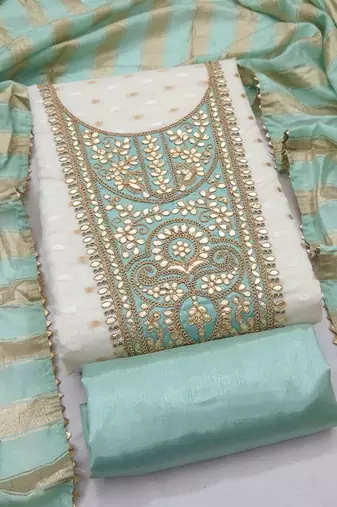Off white silk blend embroidered salwar kameez