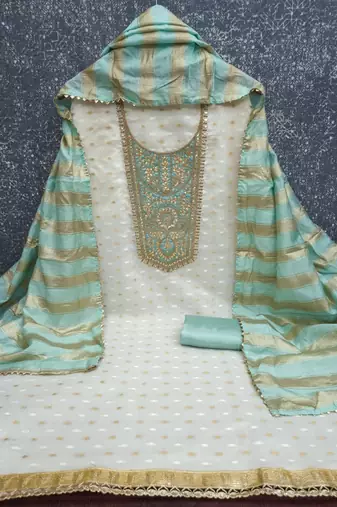 Off white silk blend embroidered salwar kameez