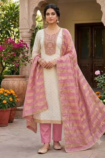 Off white silk blend embroidered salwar kameez