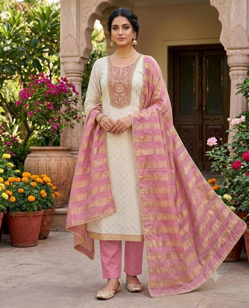 Off white silk blend embroidered salwar kameez