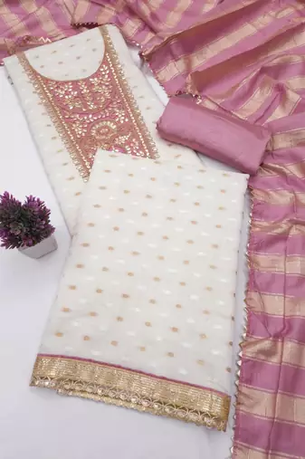 Off white silk blend embroidered salwar kameez