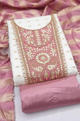 Off white silk blend embroidered salwar kameez