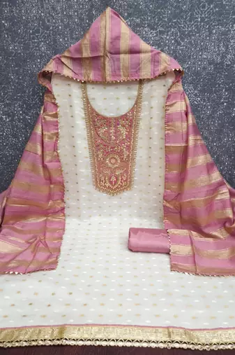 Off white silk blend embroidered salwar kameez