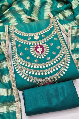 Teal silk blend embroidered salwar kameez