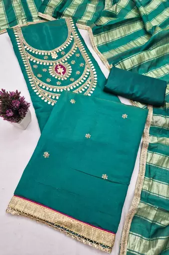 Teal silk blend embroidered salwar kameez