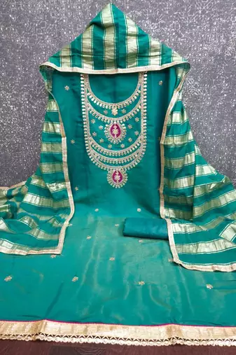 Teal silk blend embroidered salwar kameez