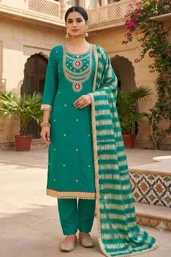 Teal silk blend embroidered salwar kameez