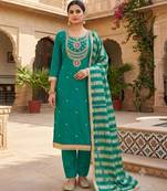 Teal silk blend embroidered salwar kameez