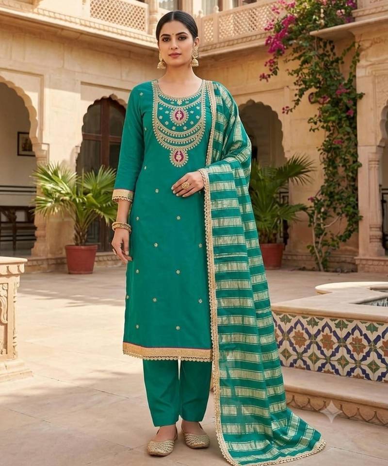 Teal silk blend embroidered salwar kameez
