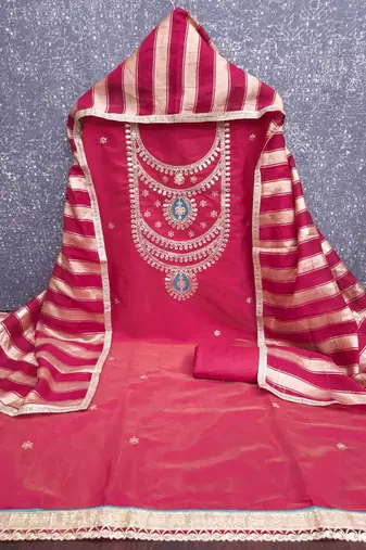 Red silk blend embroidered salwar kameez
