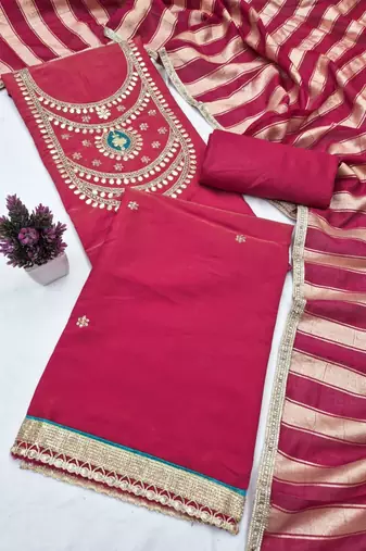 Red silk blend embroidered salwar kameez