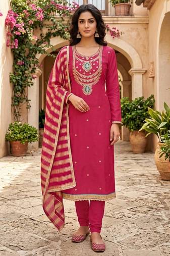 Red silk blend embroidered salwar kameez