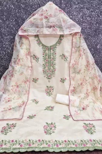 Cream silk blend embroidered salwar kameez