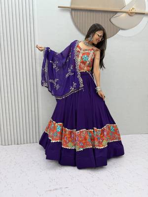 navy blue cotton poly printed traditional lehenga choli with free size upto 44 1