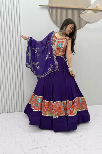 navy blue cotton poly printed traditional lehenga choli with free size upto 44