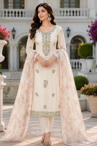 Cream silk blend embroidered salwar kameez