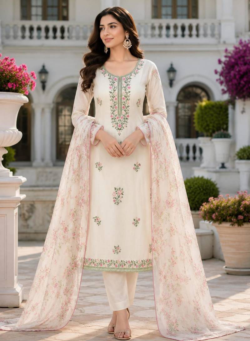 Cream silk blend embroidered salwar kameez