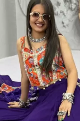 navy blue cotton poly printed traditional lehenga choli with free size upto 44