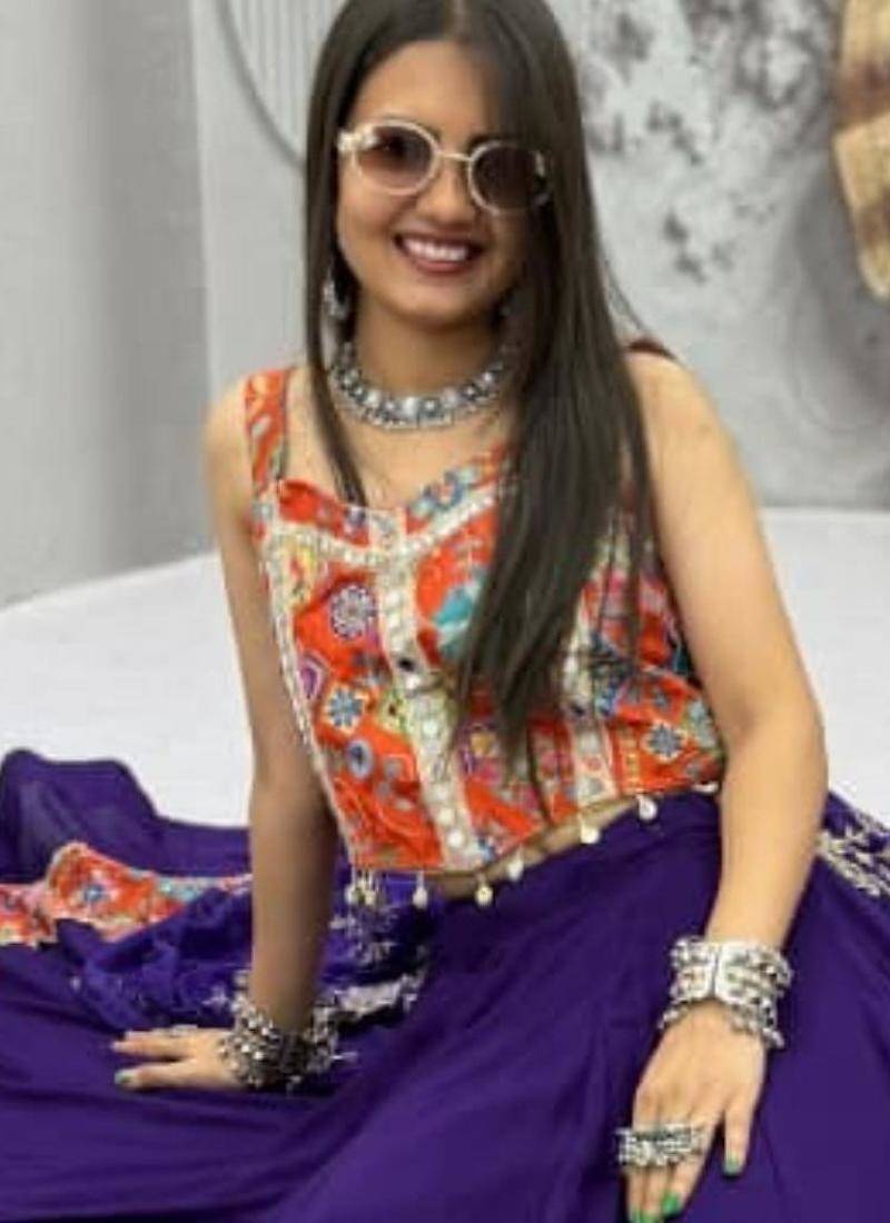 navy blue cotton poly printed traditional lehenga choli with free size upto 44