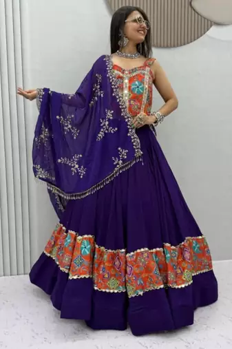 navy blue cotton poly printed traditional lehenga choli with free size upto 44