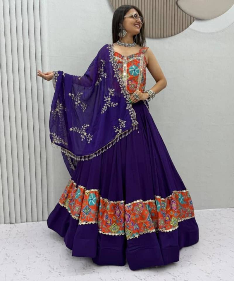 navy blue cotton poly printed traditional lehenga choli with free size upto 44
