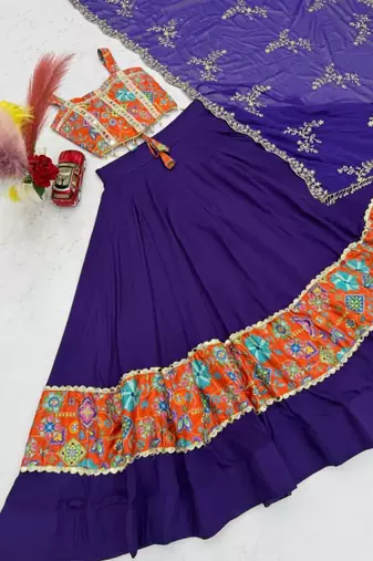 navy blue cotton poly printed traditional lehenga choli with free size upto 44