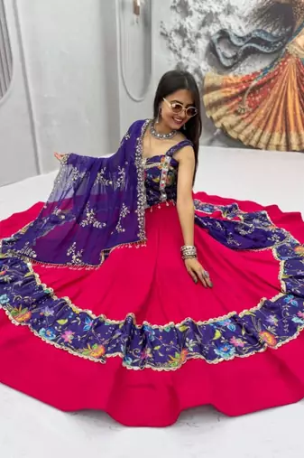 red georgette printed traditional lehenga choli with free size upto 44