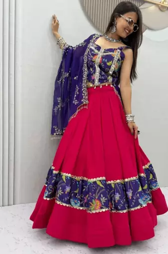 red georgette printed traditional lehenga choli with free size upto 44