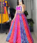 multicolor net embroidered traditional lehenga choli with free size upto 44