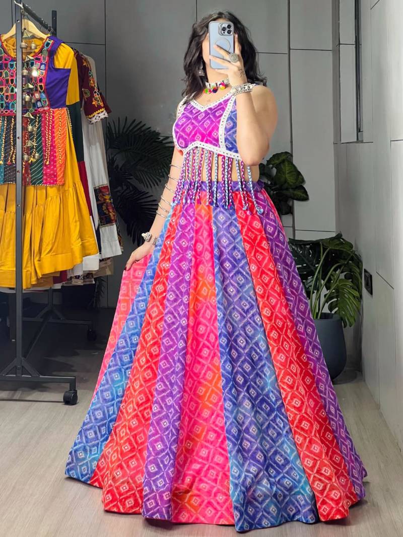 multicolor net embroidered traditional lehenga choli with free size upto 44
