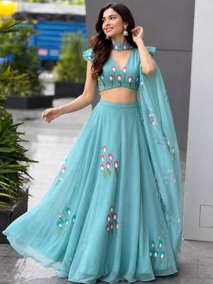 turquoise silk blend printed traditional lehenga choli with free size upto 38 1