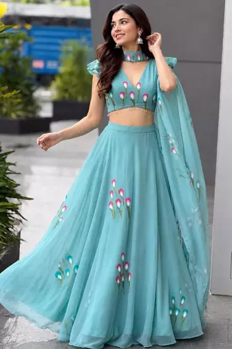 turquoise silk blend printed traditional lehenga choli with free size upto 38