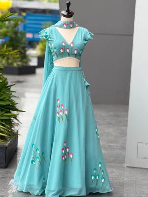 turquoise silk blend printed traditional lehenga choli with free size upto 38 2