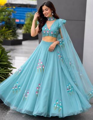 turquoise silk blend printed traditional lehenga choli with free size upto 38 3