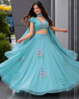 turquoise silk blend printed traditional lehenga choli with free size upto 38 4