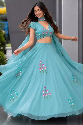 turquoise silk blend printed traditional lehenga choli with free size upto 38